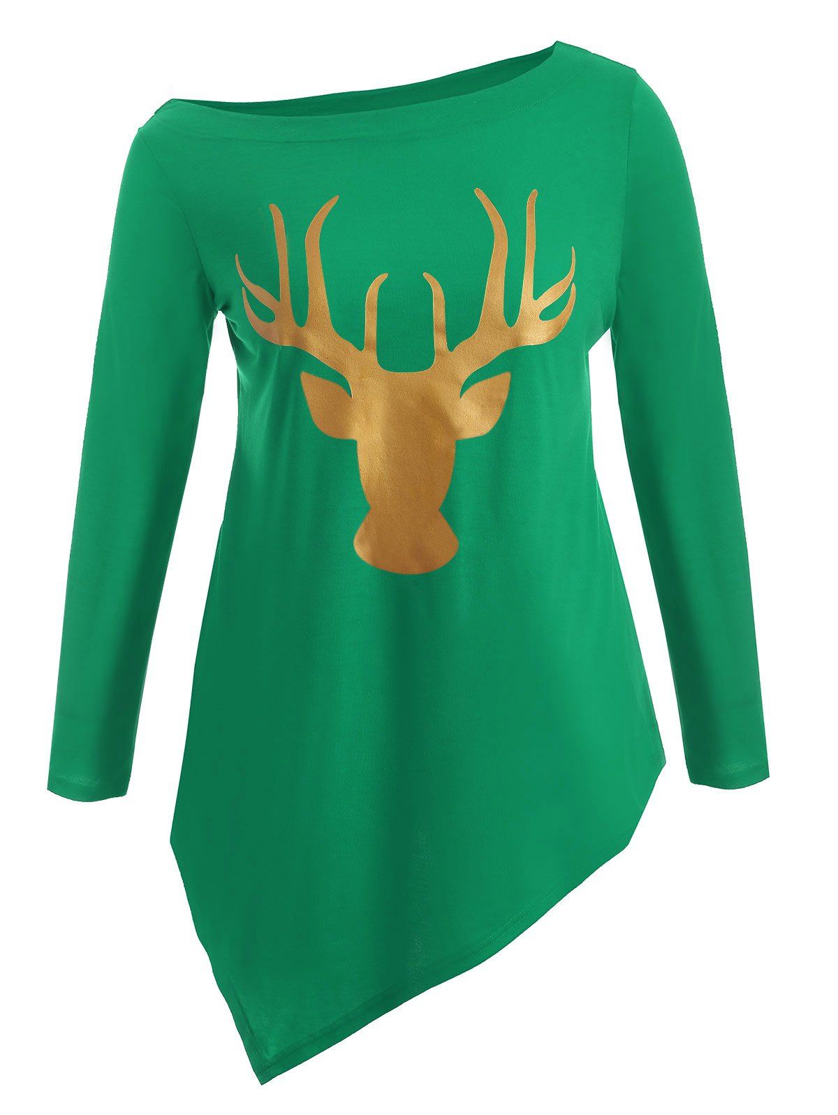 

Plus Size Christmas Deer Print Asymmetric T-Shirt, Green