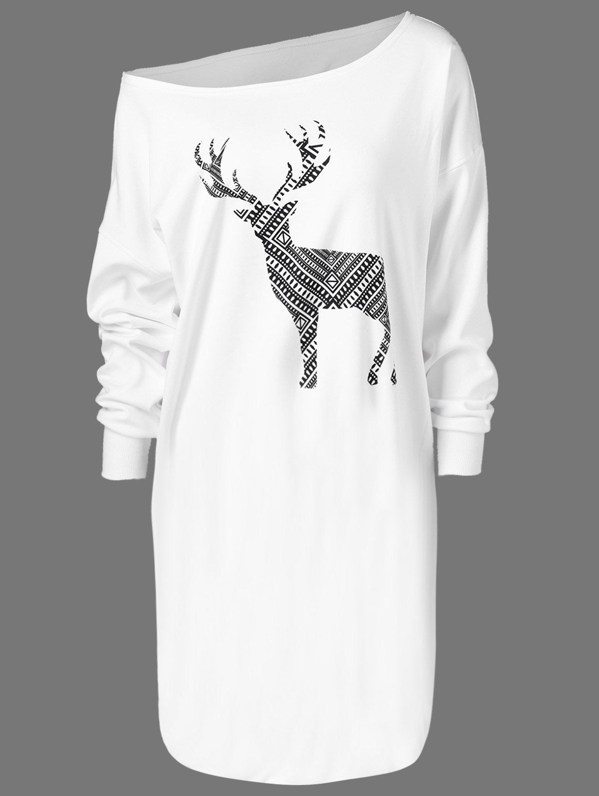 

Skew Neck Pullover Sweatshirt With ELK Patterned, White