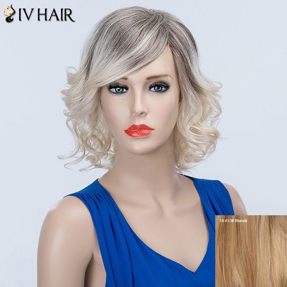 SIV perruque courte de cheveux humains bouclés avec franges obliques - Blonde 