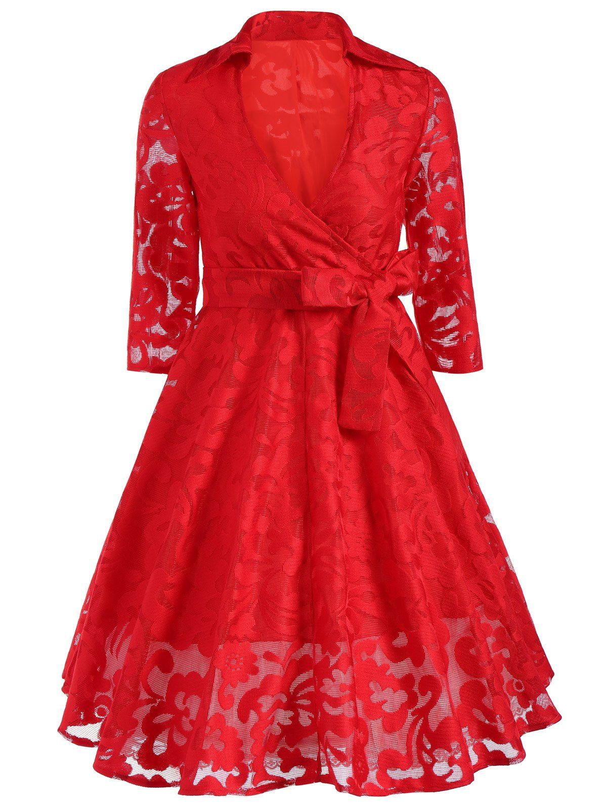 

Vinage Lace Surplice A Line Dress with Belt, Red