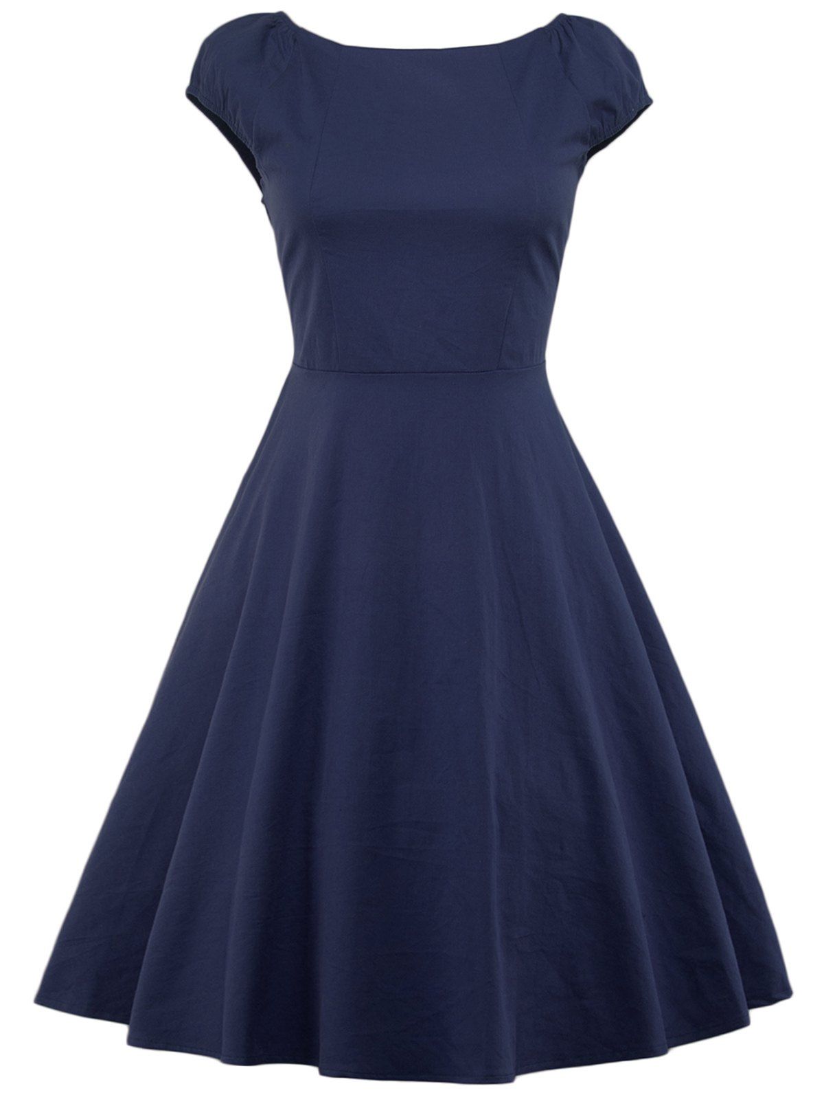 

A Line Puffer Cap Sleep Plain Prom Dress, Purplish blue