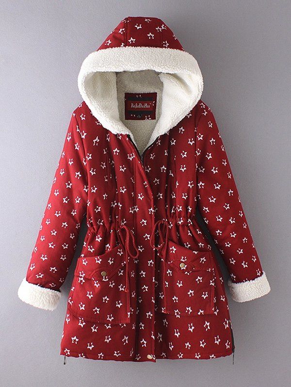

Plus Size Star Print Hooded Faux Shearling Parka, Deep red