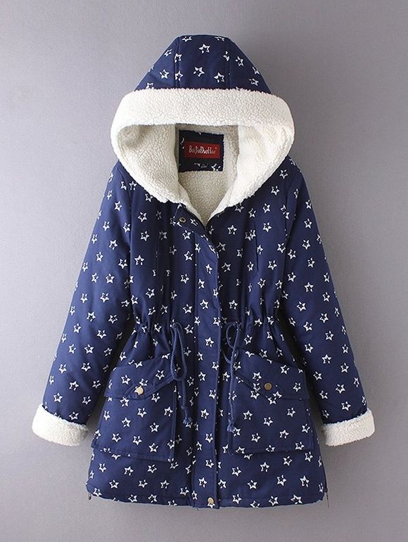 Plus-size Manteau polaire à capuche avec taille coulissée et à motifs d'étoiles - Bleu profond 2XL