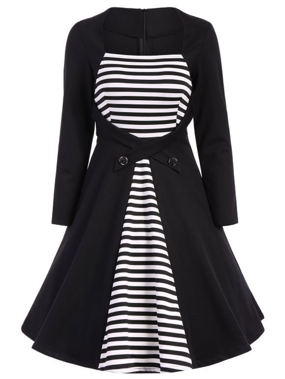 Une robe A-line Striées a  manches longues - Noir 4XL