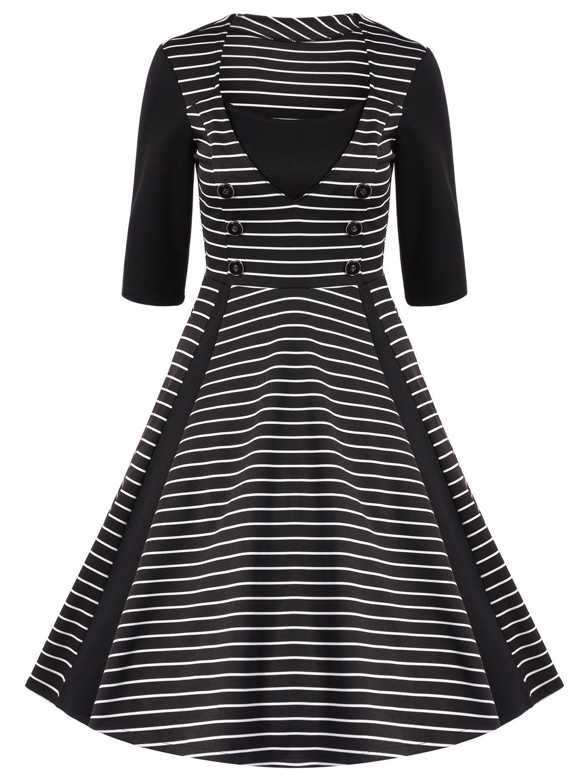 [17% OFF] 2021 Stripe Buttoned Fit And Flare Dress In BLACK | DressLily