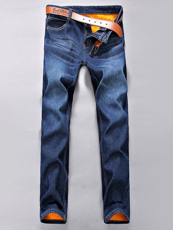 

Zipper Fly Flocking Narrow Feet Jeans, Blue