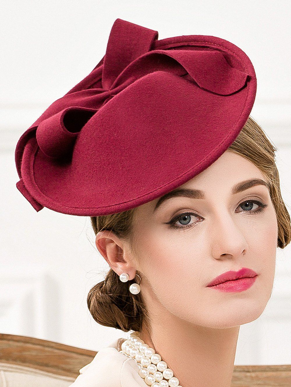 [17 OFF] 2021 Formal Party Bowknot Felt Cocktail Hat In WINE RED