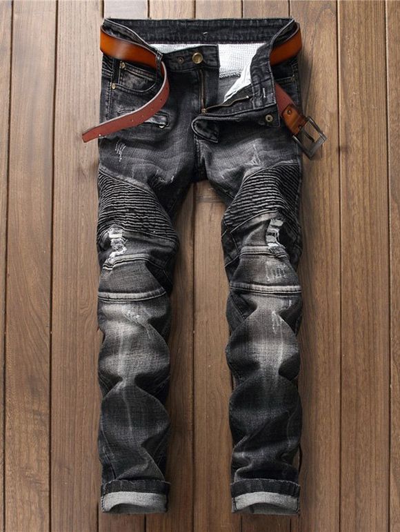 Jeans à panneaux striés et éraflés avec braguette et poches zippées - Noir 38