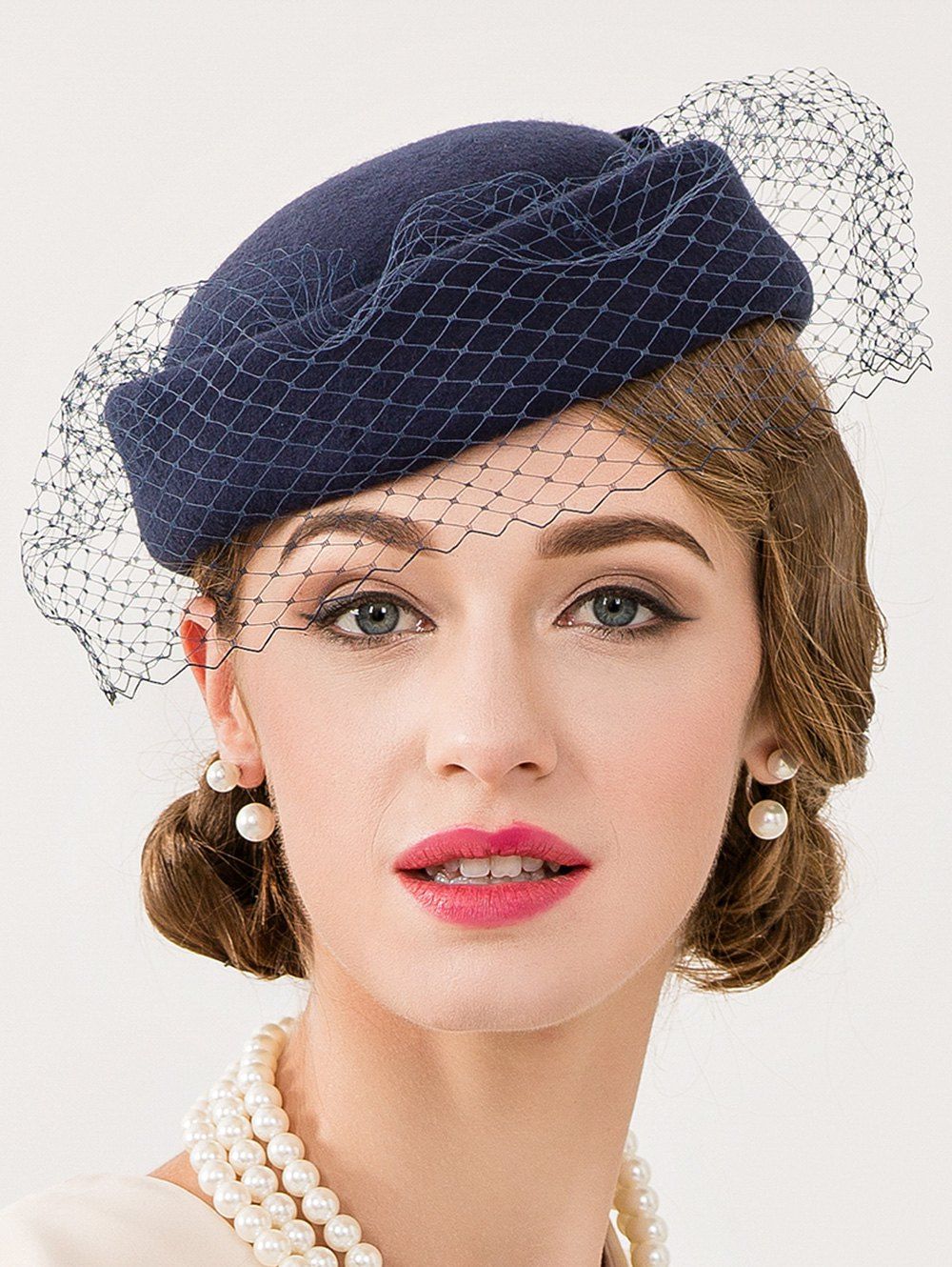 

Cocktail Party Bowknot Veil Felt Pillbox Hat, Deep blue