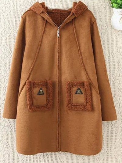 Plus-size Manteau simili-toison en daim à capuche - Brun 2XL