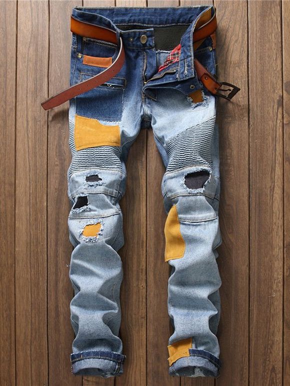 Jeans à panneaux striés avec patchs contrastés - Nuageux 36