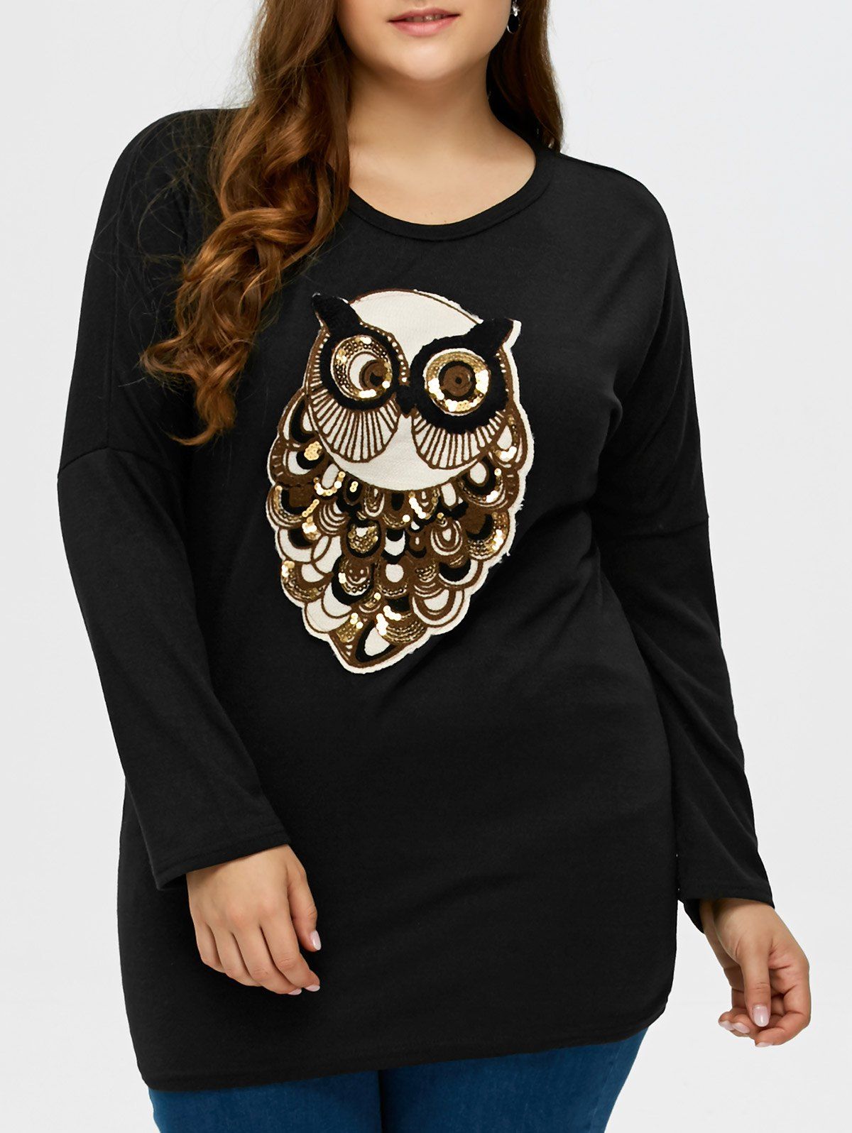

Plus Size Owl Pattern Long Sleeve Tee, Black
