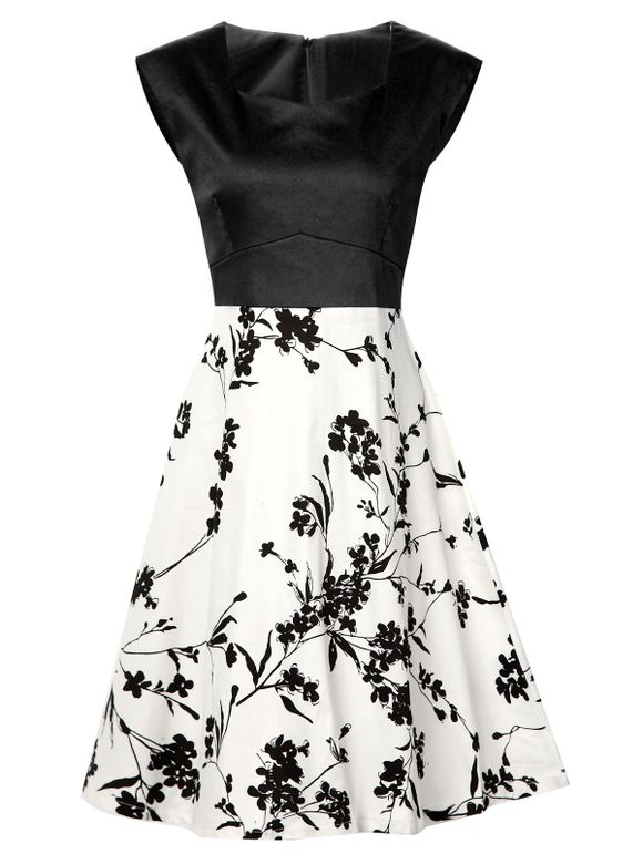 robe  Vintage Motif de fleur sans manches - Blanc et Noir 2XL