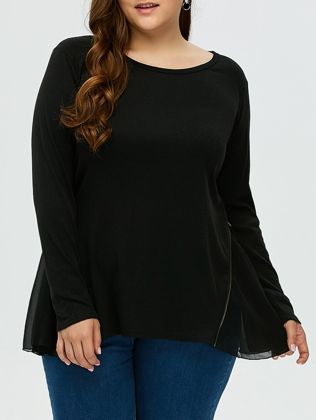 

Plus Size Long Sleeve Chiffon Inset Blouse, Black