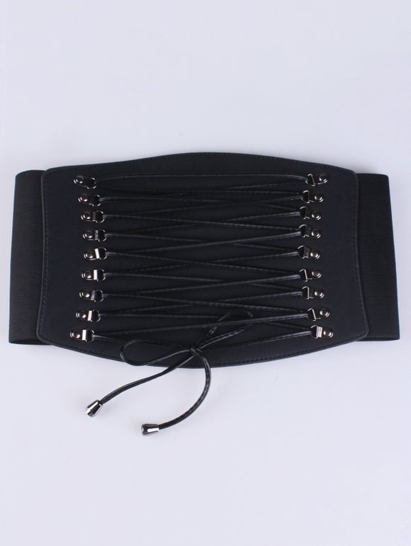 Ceinture corset élastique à lacets croisés avec empiècements en PU - Noir 