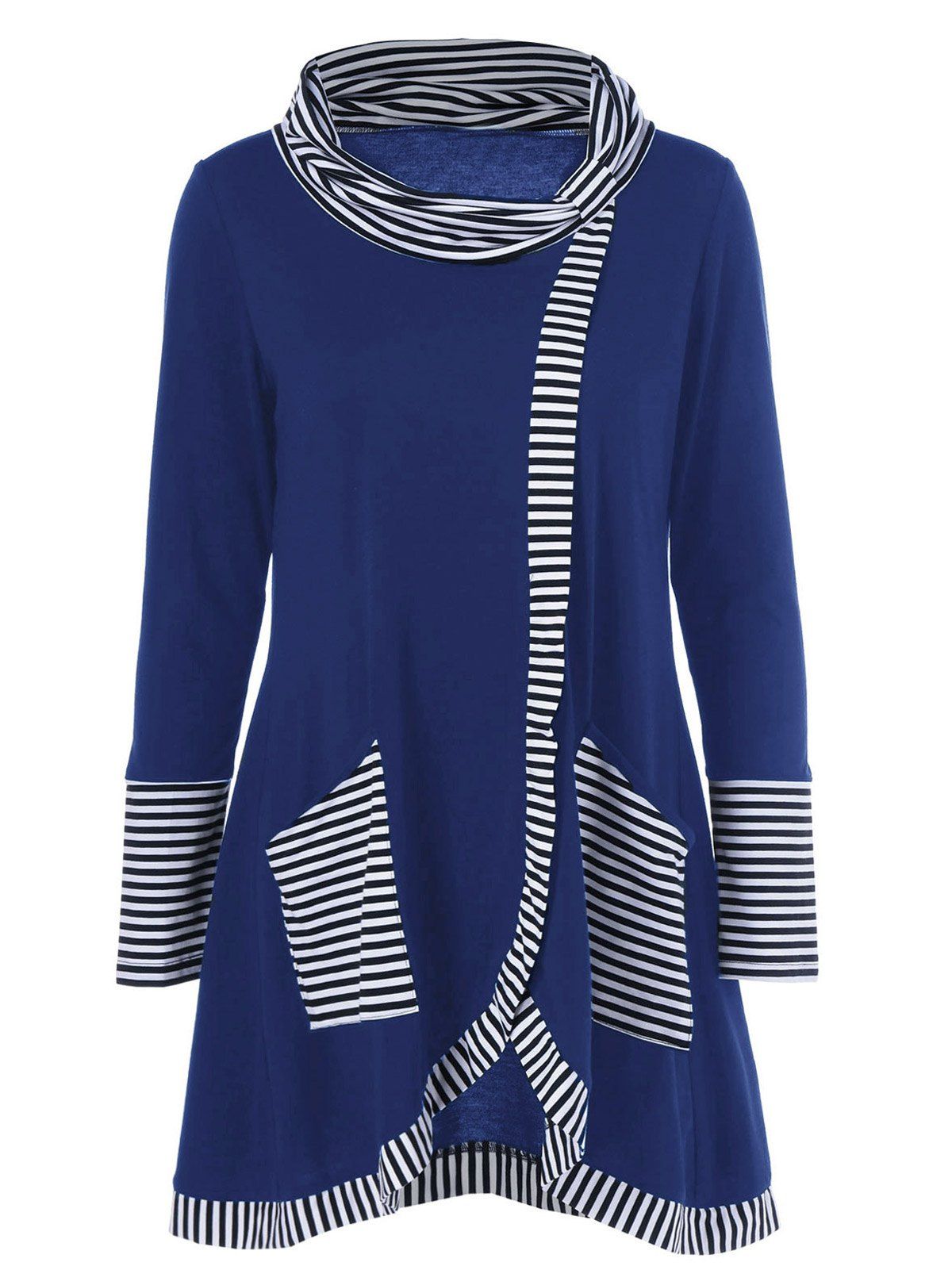 

Long Sleeve Plus Size Striped Trim Overlap T-Shirt, Blue