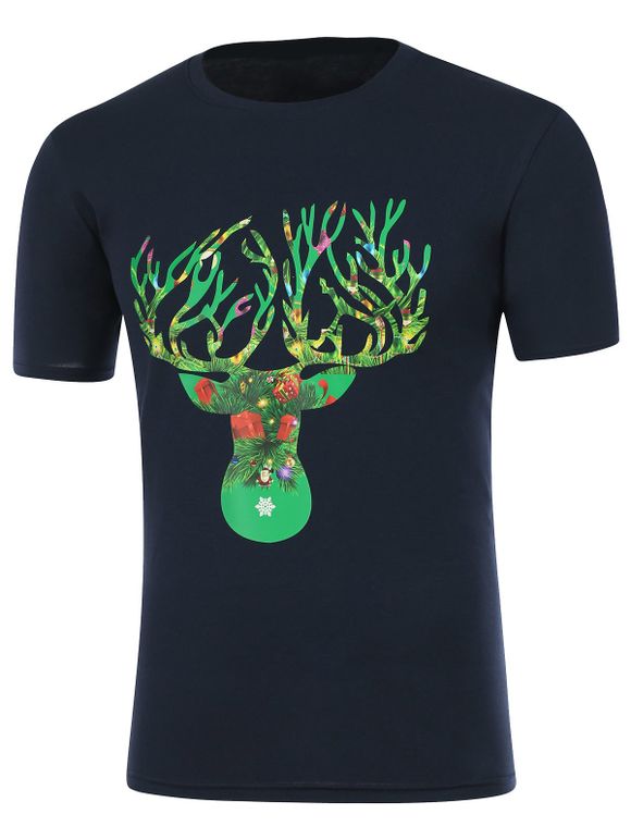Corne de cerf court manchon imprimé T-Shirt de Noël - Cadetblue L