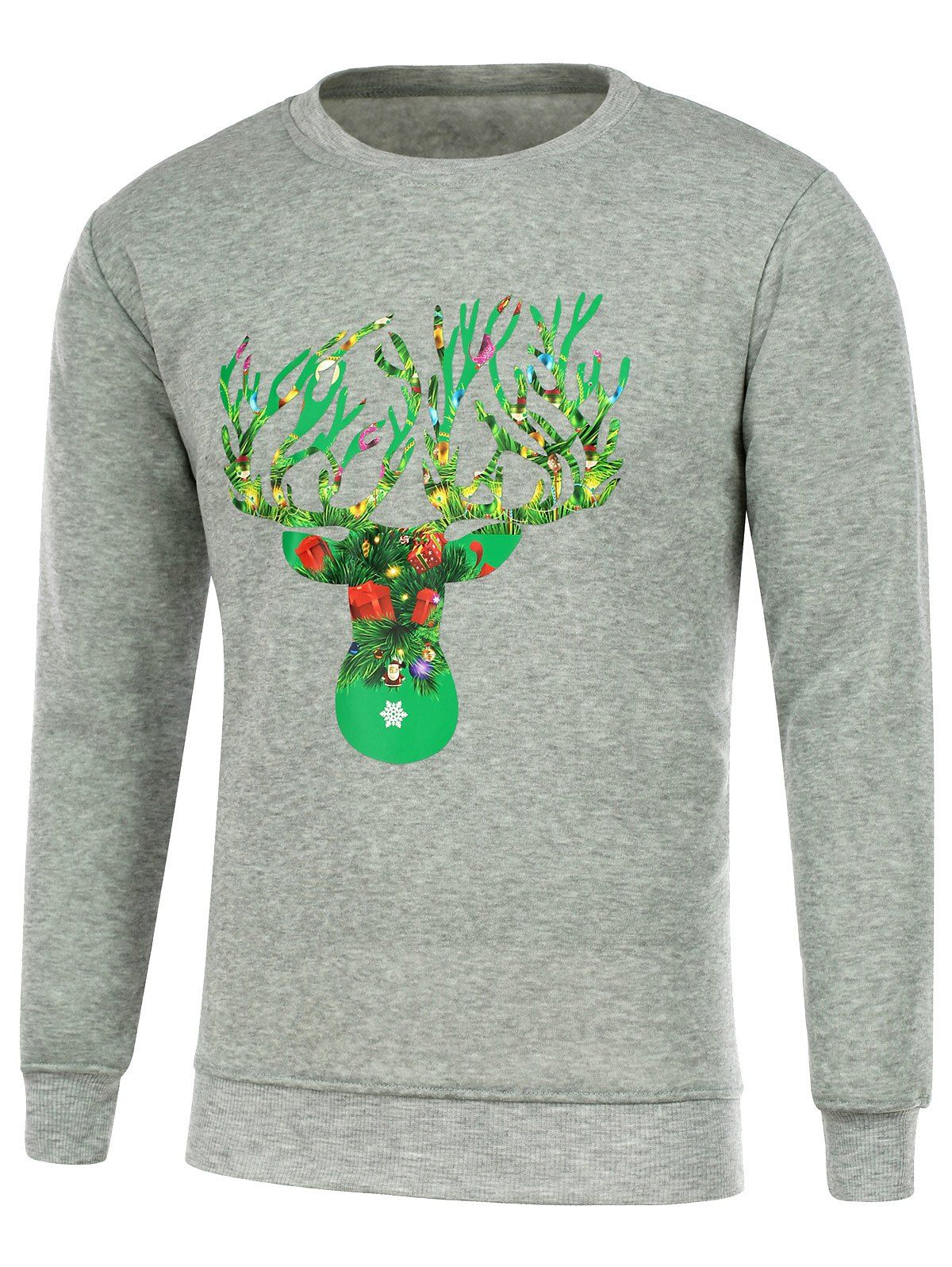 

Crew Neck Deer Horn Print Christmas Sweatshirt, Gray