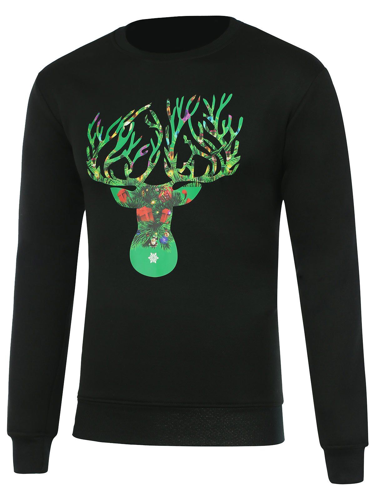 

Crew Neck Deer Horn Print Christmas Sweatshirt, Black