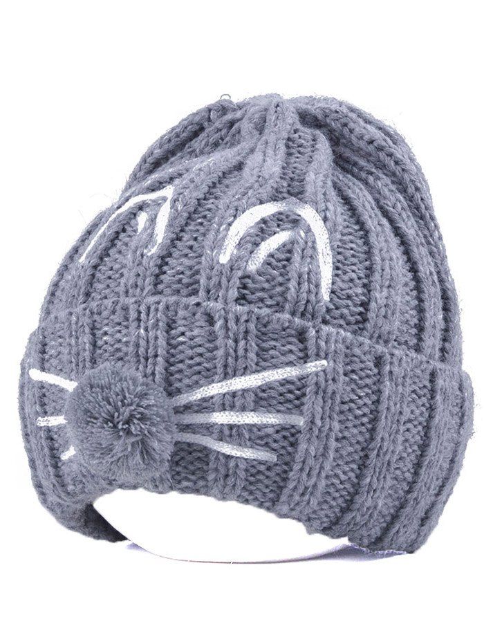 

Pom Ball Cat Face Beanie Hat, Gray