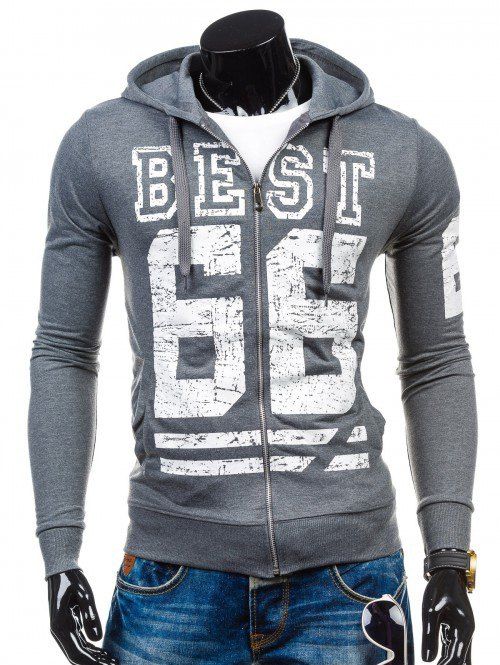 

Drawstring Number Print Zip Up Hoodie, Gray