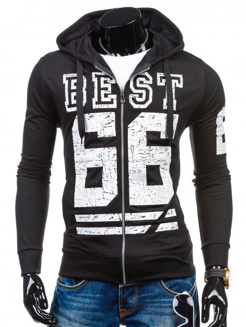 

Drawstring Number Print Zip Up Hoodie, Black