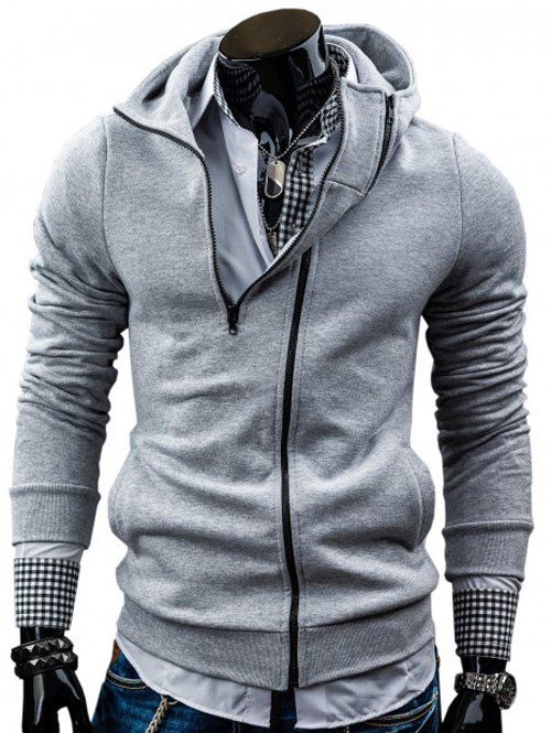 

Zippered Long Sleeve Pocket Hoodie, Light gray