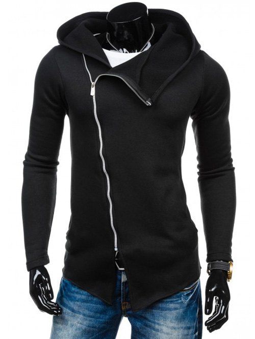 Sweat uni asymétrique zippé à capuche avec manches longues - Noir XL