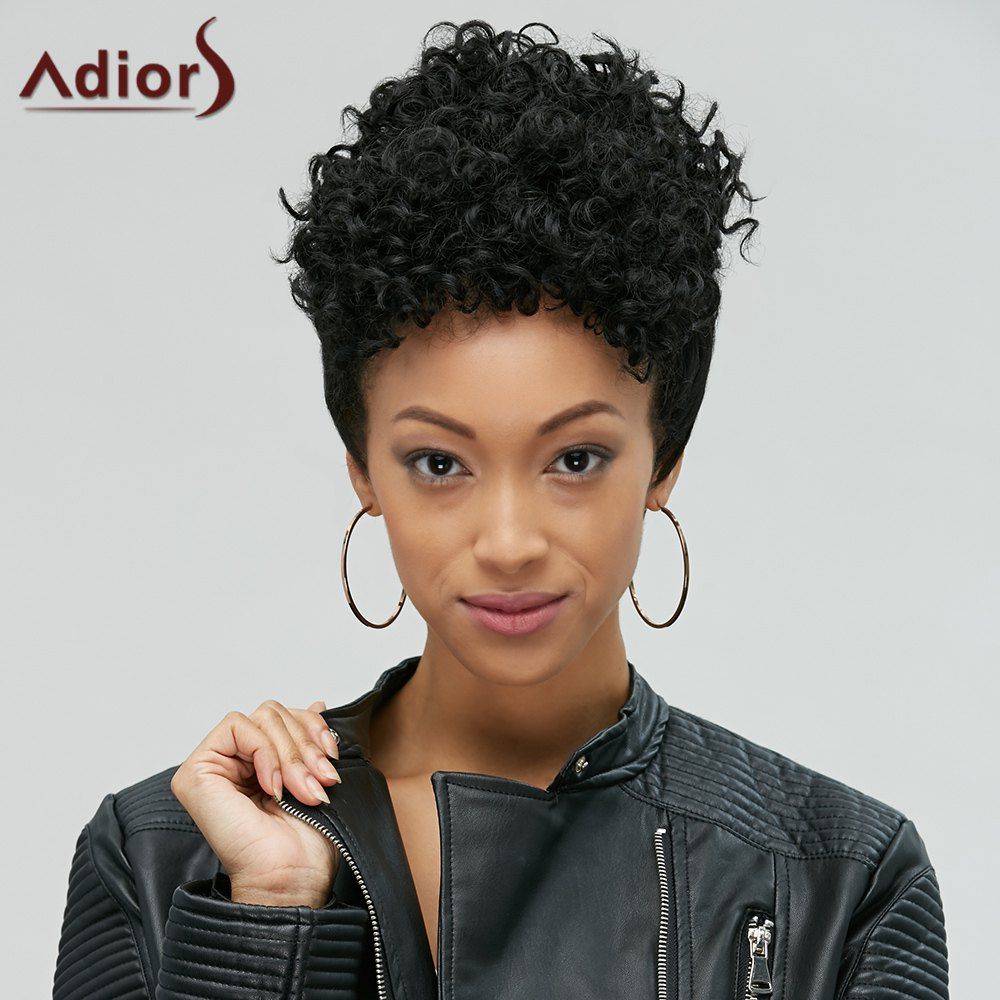 

Adiors Pixie Cut Short Fluffy Curly Side Bang Synthetic Wig, Black
