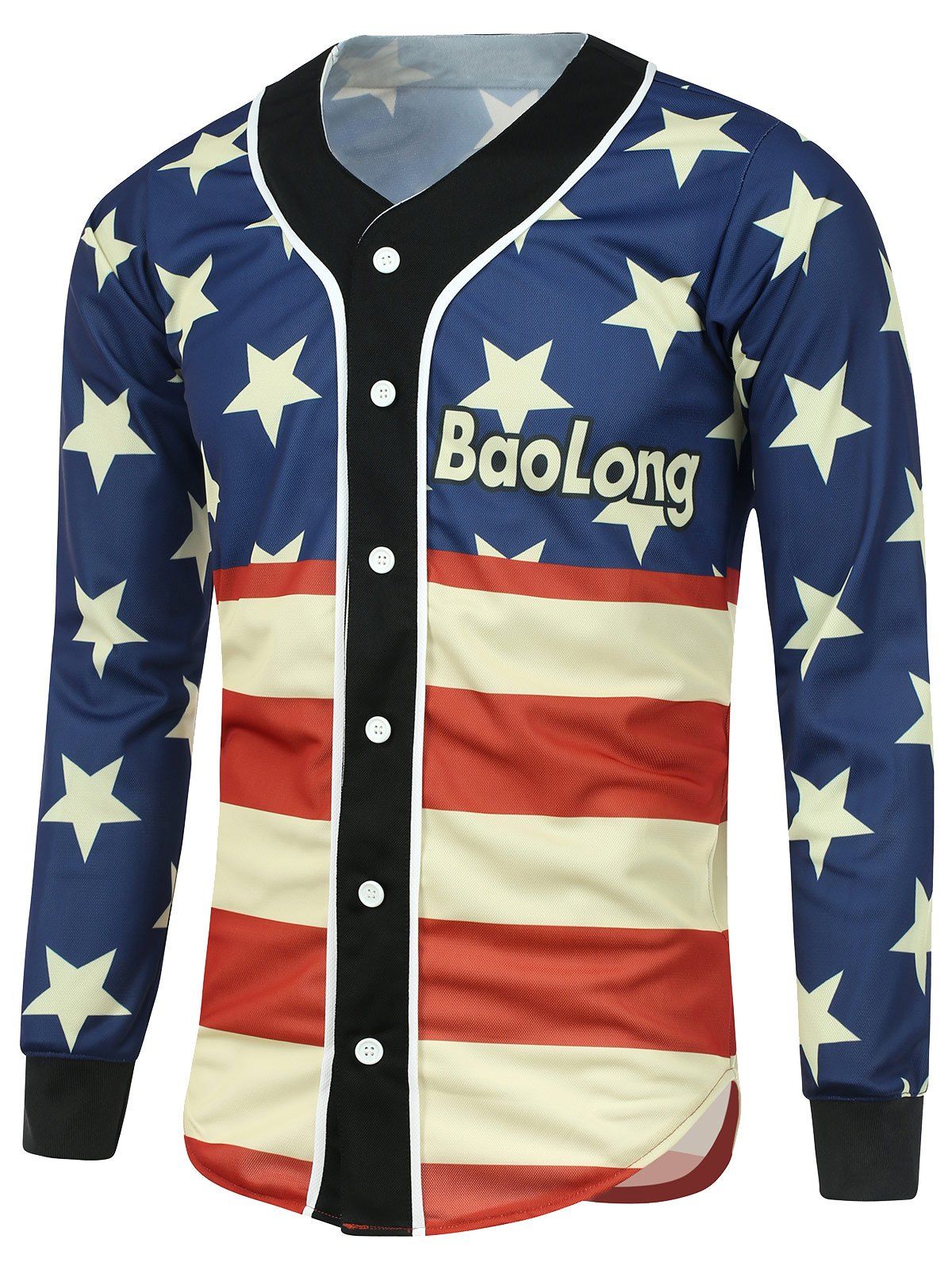 

Star Print Striped Round Hem Button Up Jacket, Cadetblue