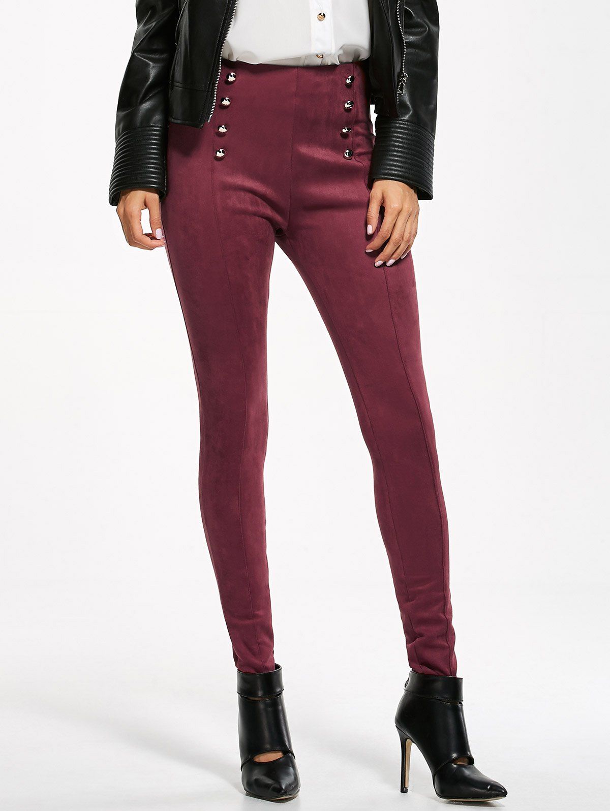 

High Waisted Double Breasted Skinny Suede Pants, Burgundy