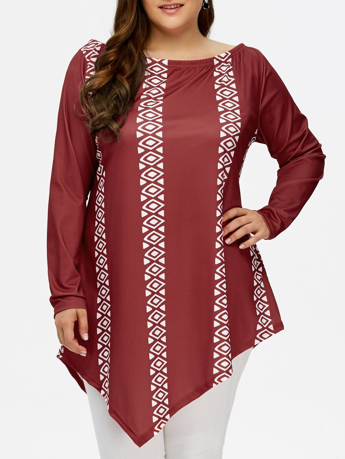

Plus Size Long Sleeve Geometric Asymmetric Tee, Burgundy