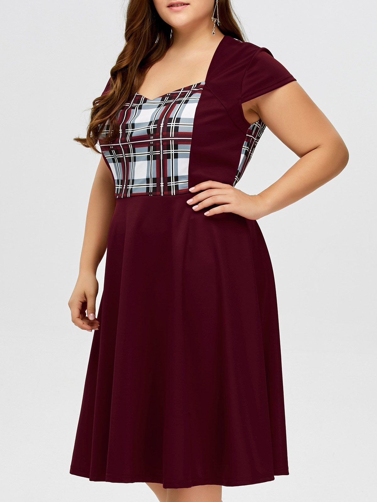 

Sweetheart Neck Checked Plus Size Pin Up Dress, Deep red