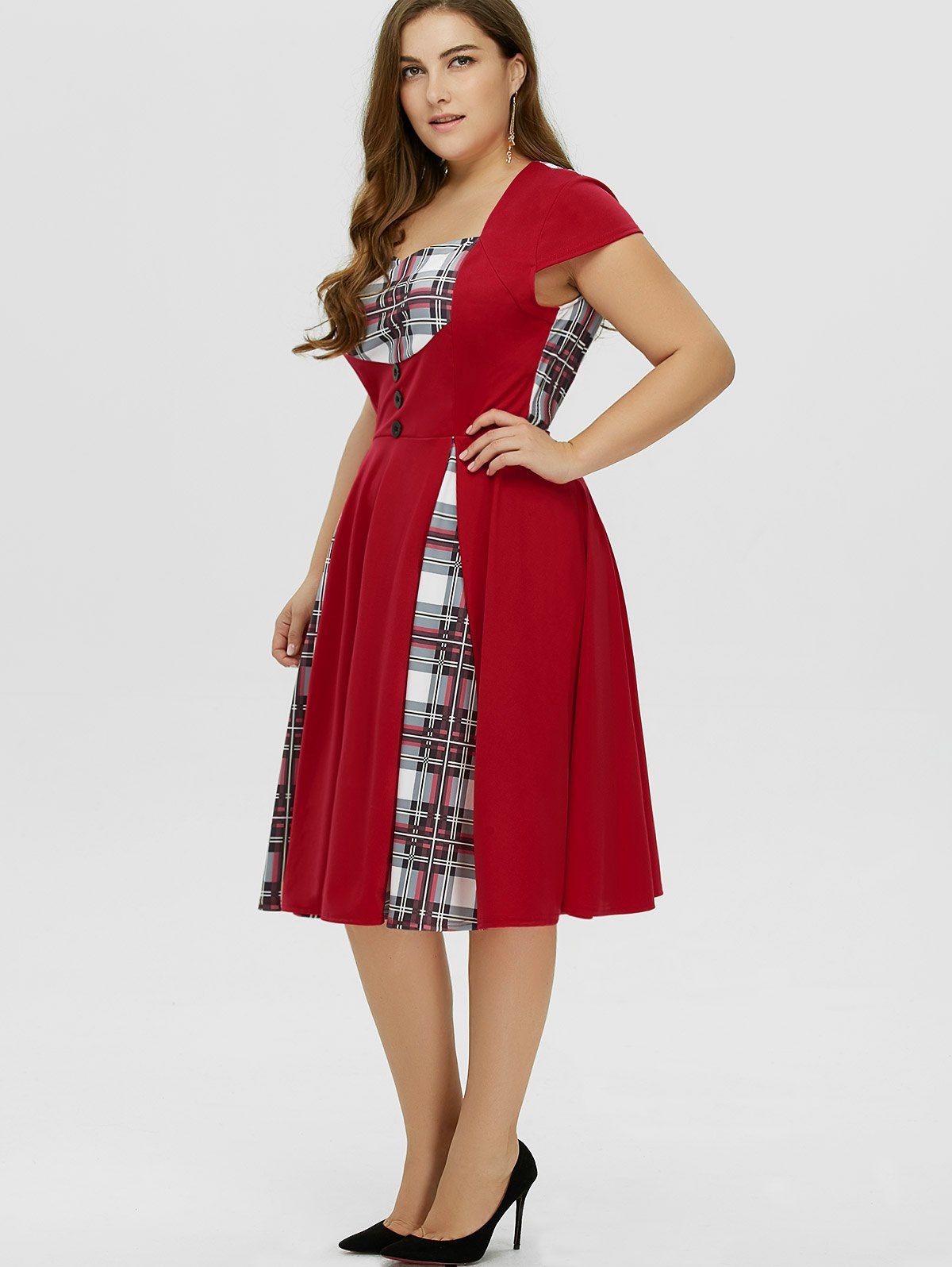 2018 Plus Size Checked Midi Pin Up Dress With Sleeve Red
