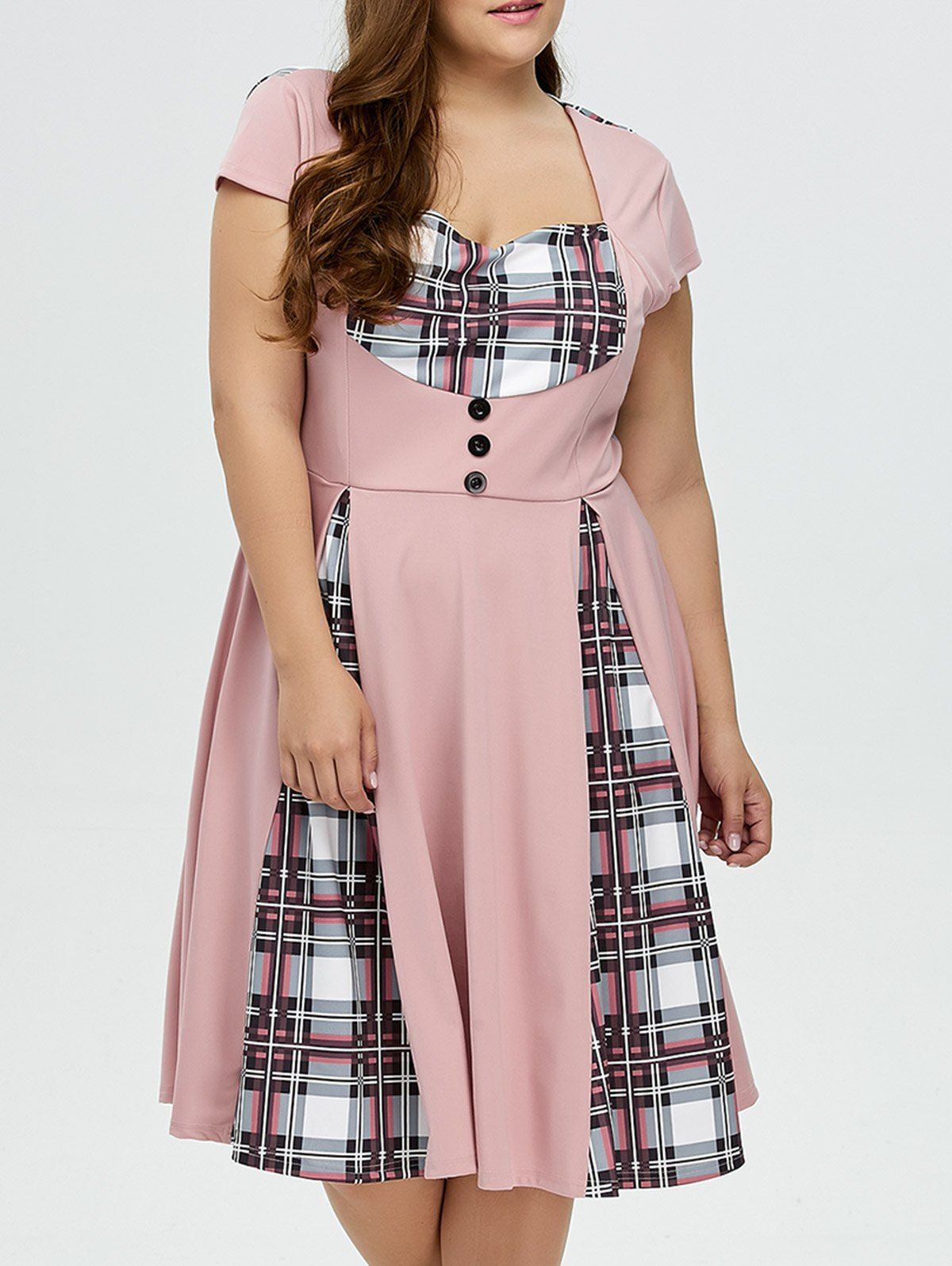 

Plus Size Checked Midi Pin Up Dress With Sleeve, Pink