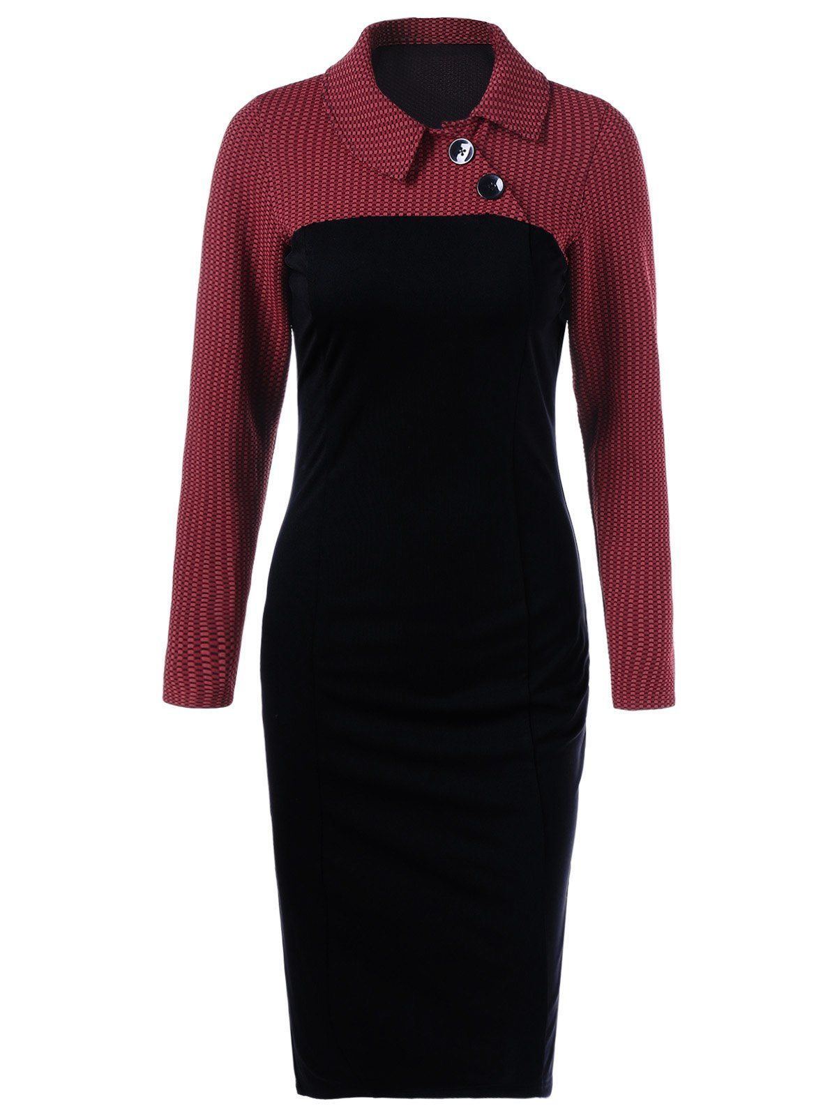 

Side Collar Long Sleeve Sheath Dress, Red with black