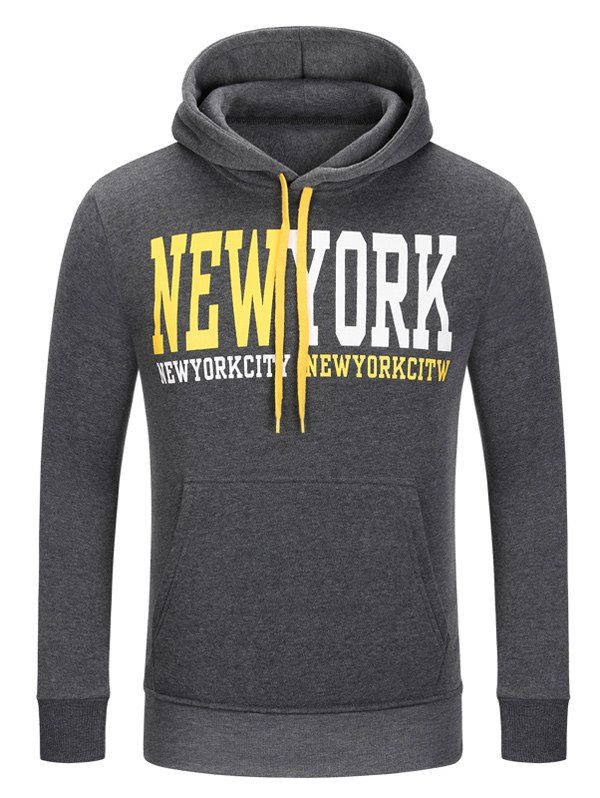 

Kangaroo Pocket New York Print Drawstring Hoodie, Deep gray