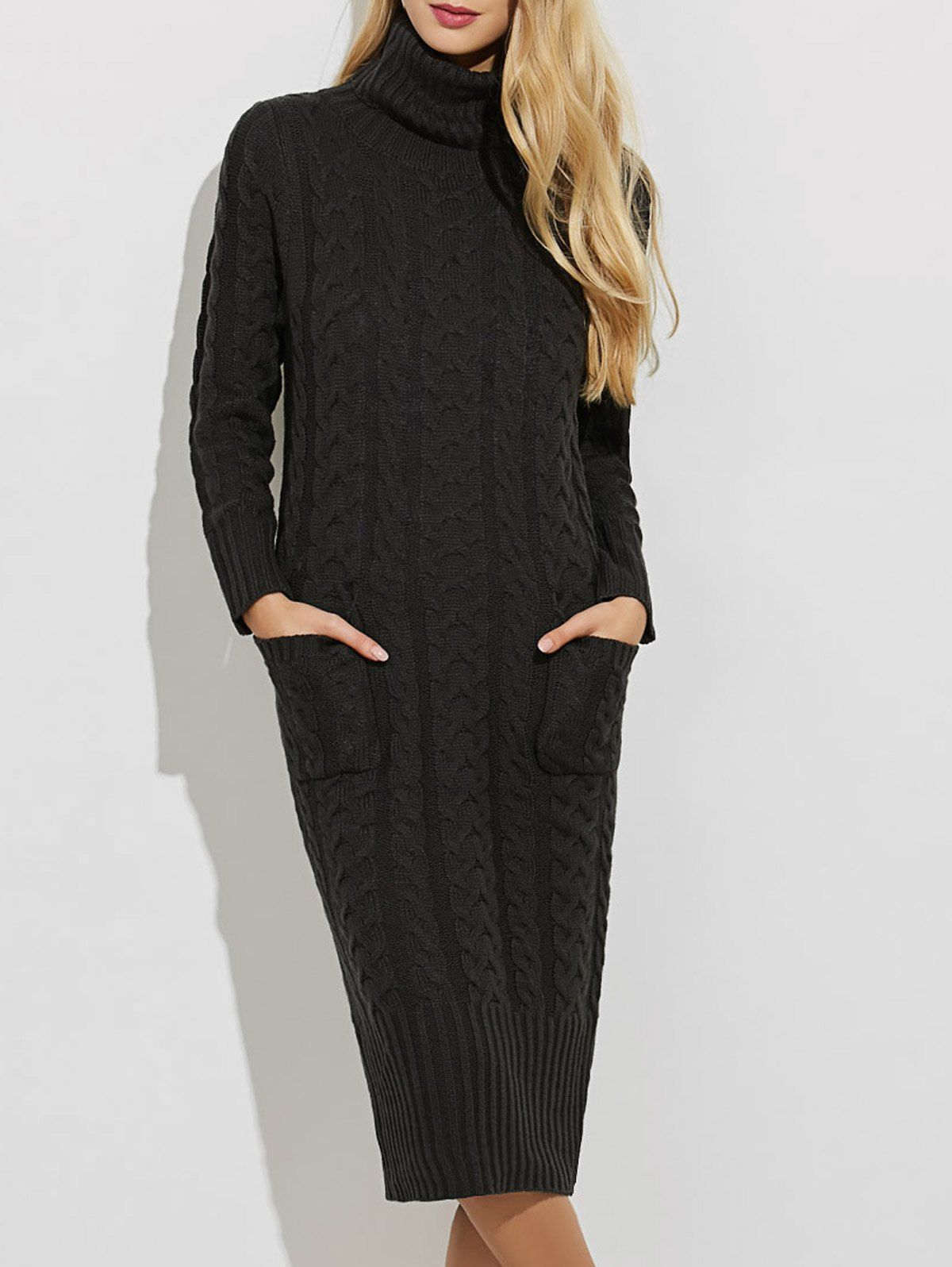 

Slit Turtleneck Cable Knit Midi Sweater Dress, Black