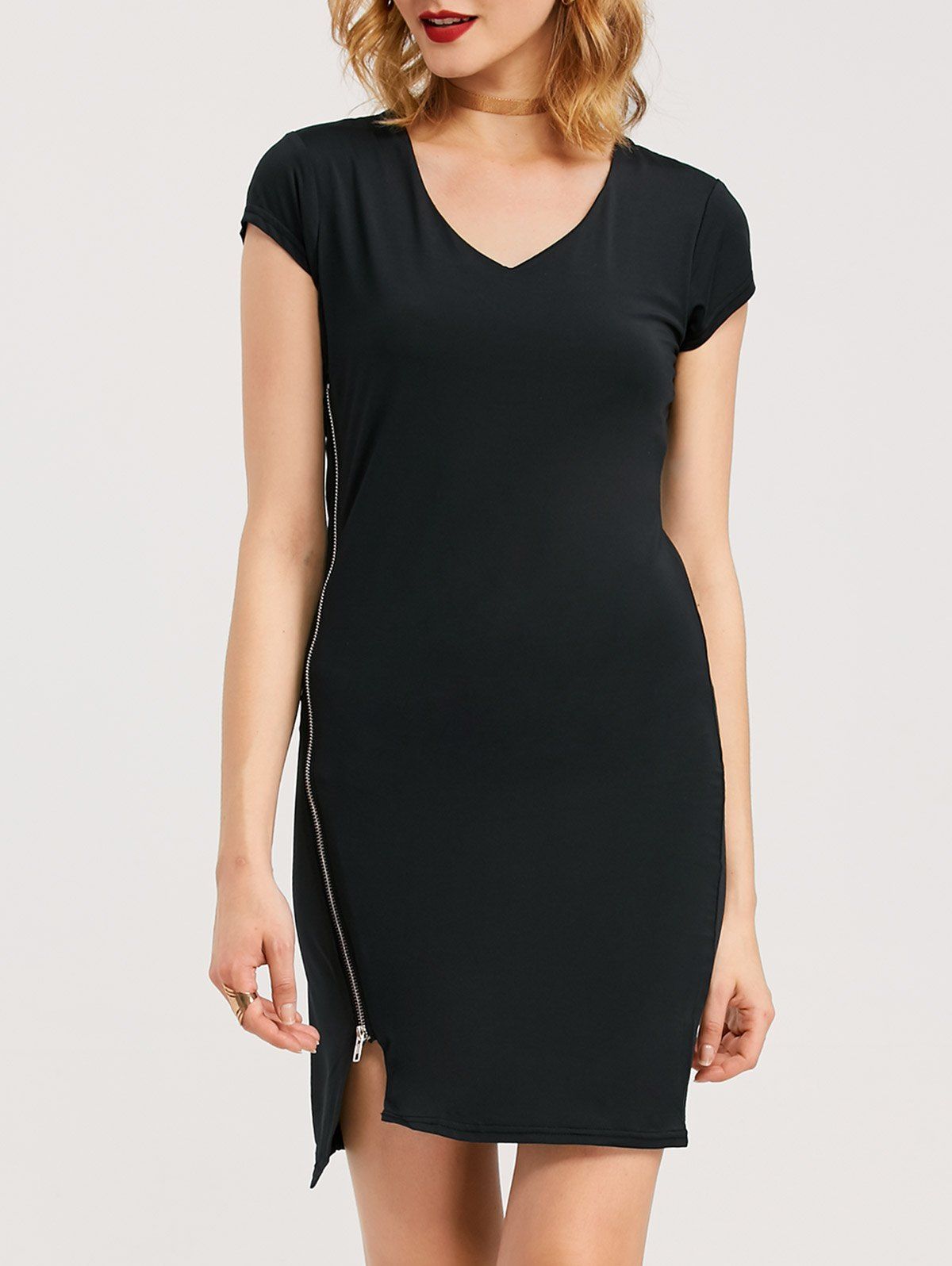 

Mini Asymmetrical Zipper Sheath Dress, Black