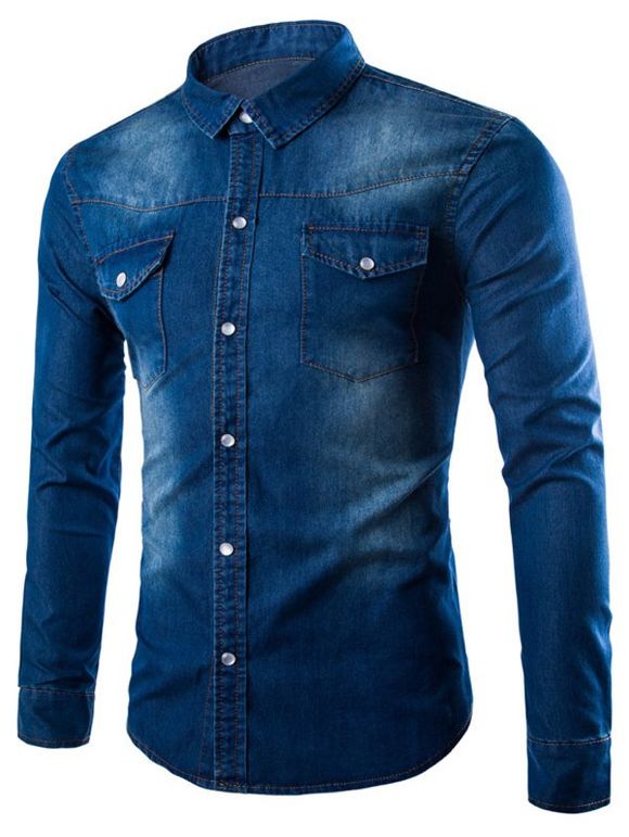 Chemise en jean avec bouton et poche - Bleu profond M