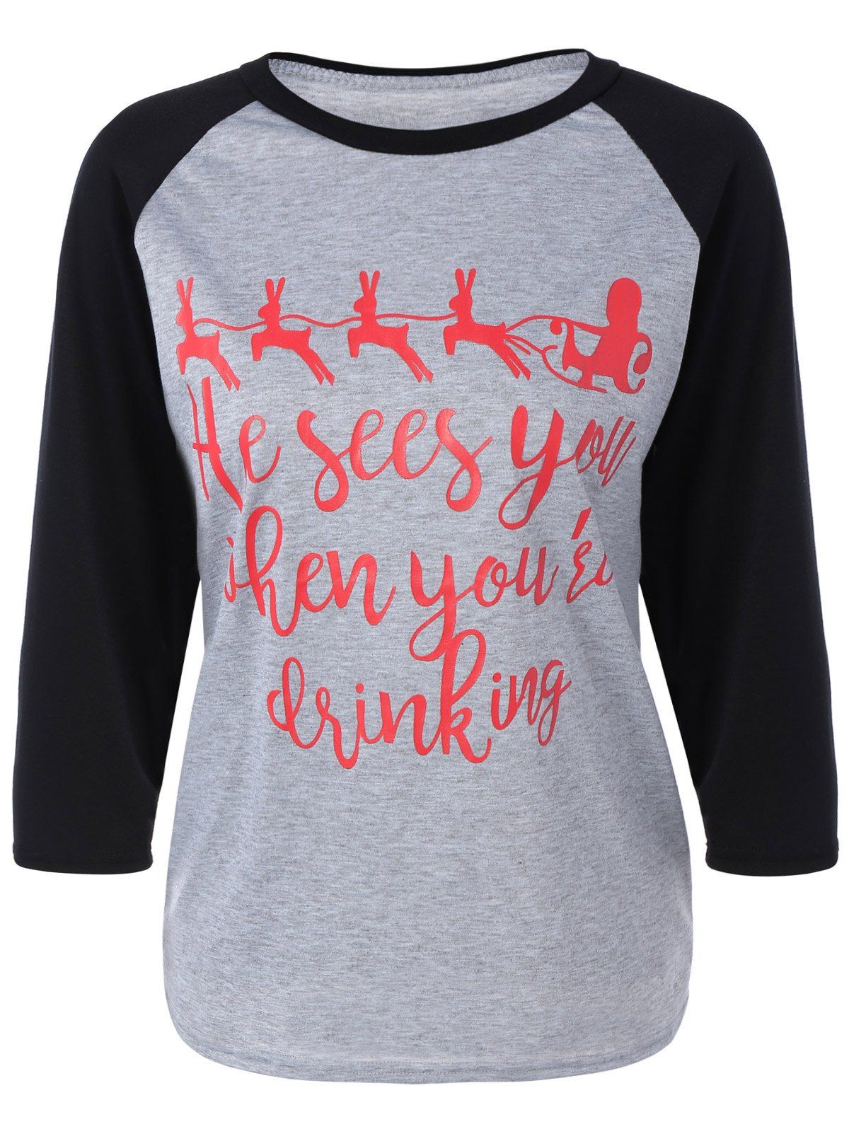 

Raglan Sleeve Sleigh Printed Christmas Tee, Gray