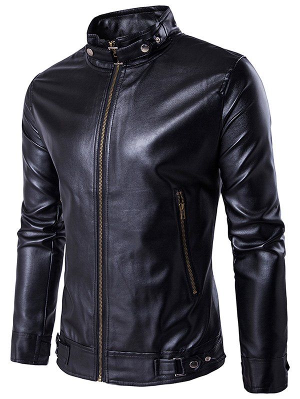 

PU Leather Zip Up Metal Buckle Jacket, Black