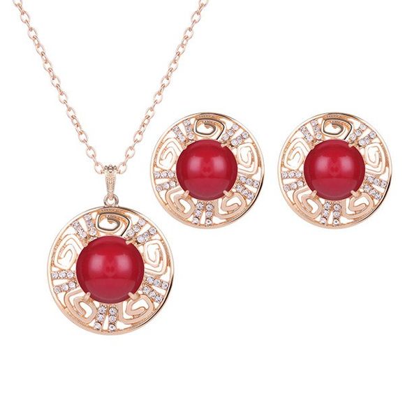 Collier de perles et boucles d'oreilles de perles rondes et en strass - Rouge 