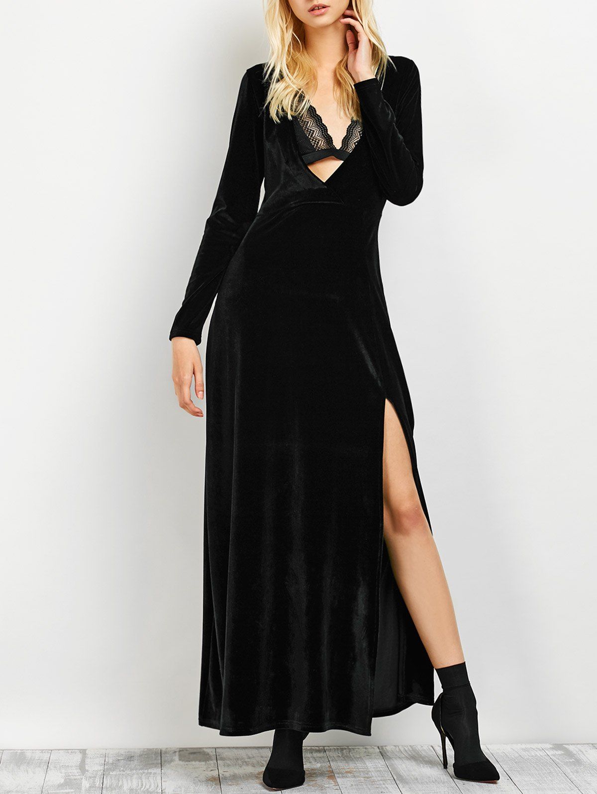 [41% OFF] 2020 Long Sleeve Low Cut Slit Maxi Evening Dress In BLACK ...