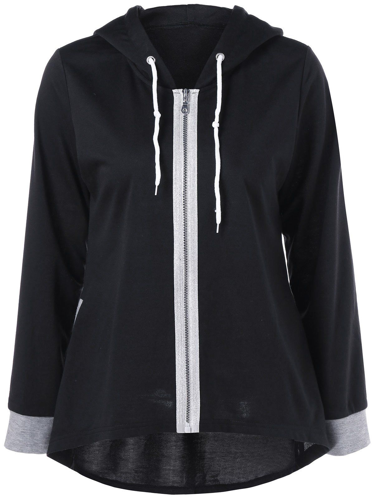 

Zipper Up High Low Hem Hoodie, Black and grey