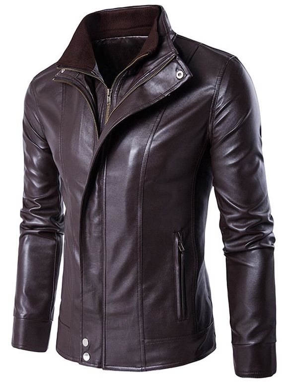 Faux-ensemble veste double zippée en cuir PU - Brun 2XL