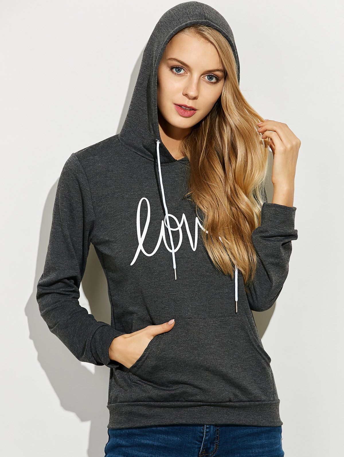 

Casual String Printed Hoodie, Deep gray