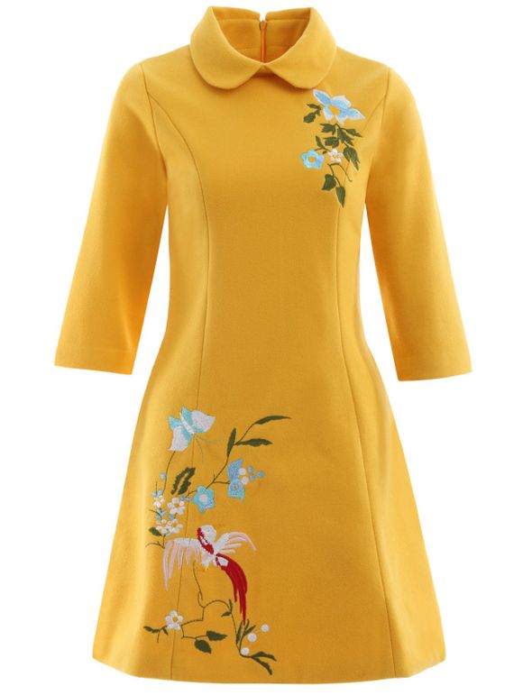 A Line Pocket Bowknot Bird Broderie en laine de Swing Dress - Deep Yellow M