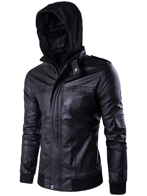 Faux ensemble veste double zippée à capuche en cuir PU - Noir XL