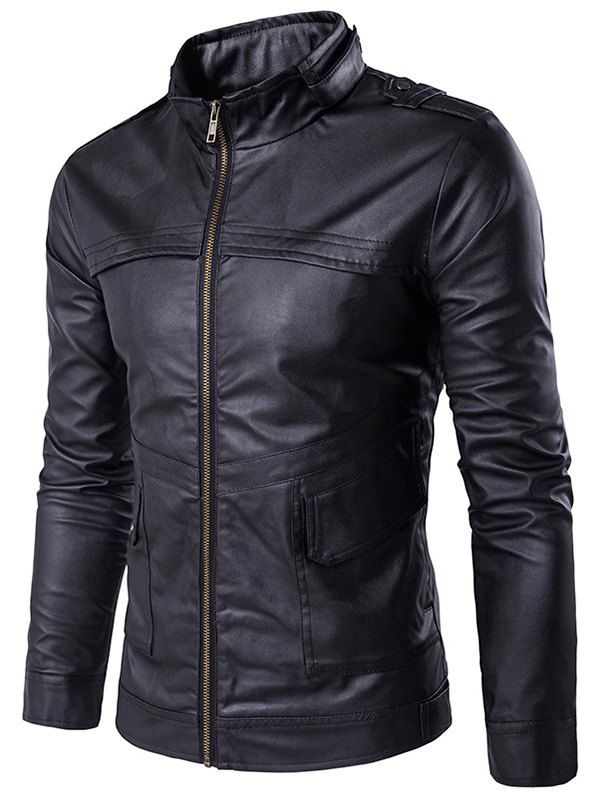 

Stand Collar PU Leather Zip Up Pockets Design Jacket, Black